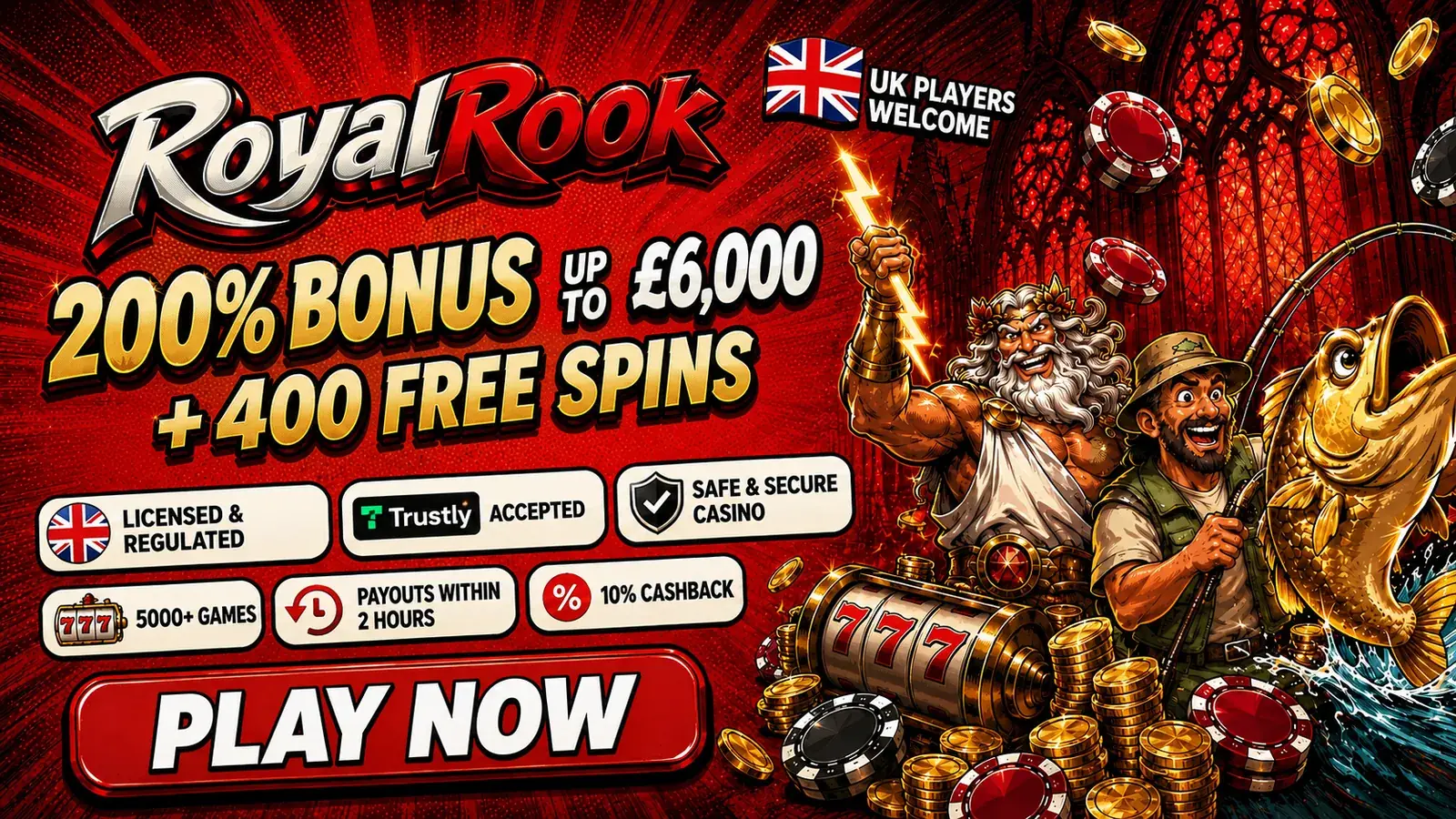 RoyalRook welcome offer banner: 200% up to £6,000 plus 400 free spins